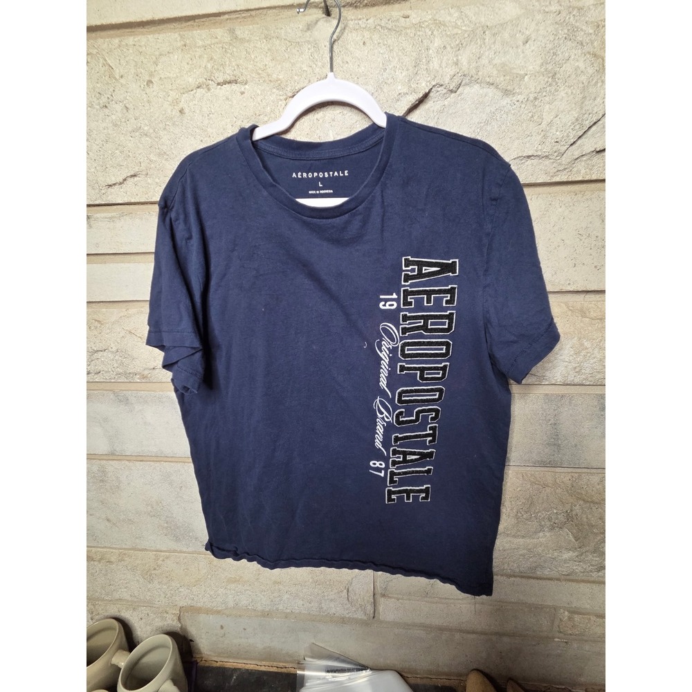 Aeropostale Mens Navy Blue Graphic T-Shirt Large Vertical Logo Crew Neck 0936
